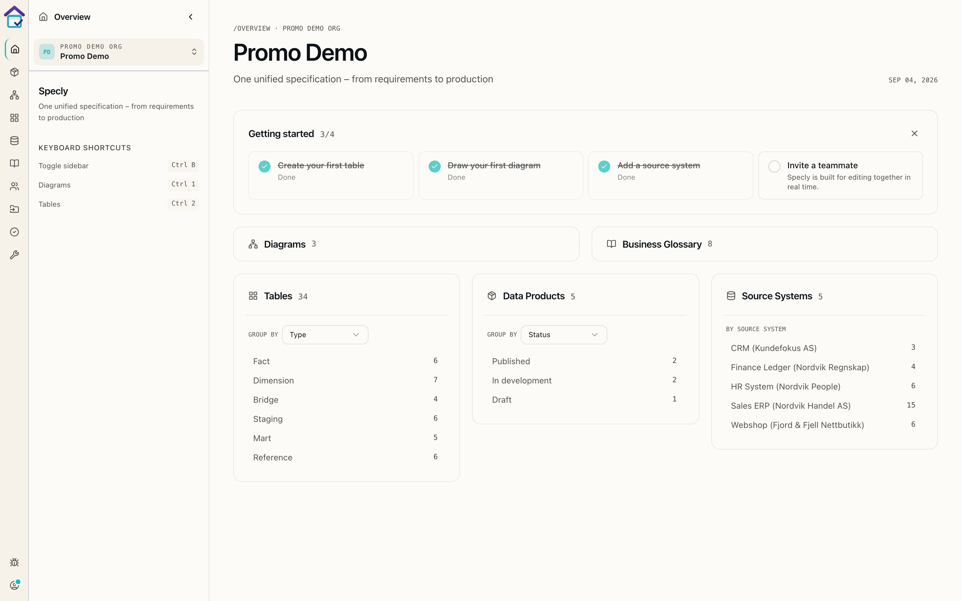 Specly project overview dashboard showing diagram, table, data product and source system counts