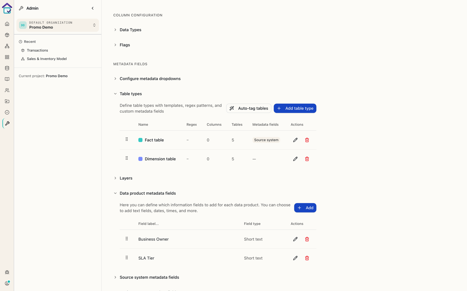Admin configuration screen for table types and custom data product metadata fields